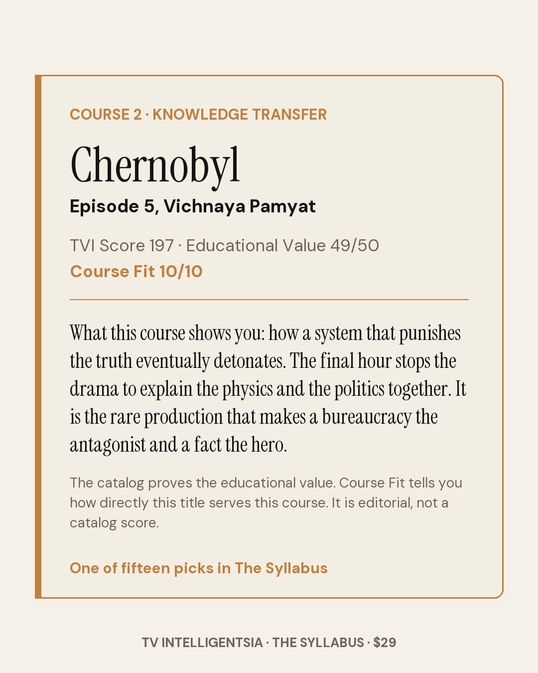 Sample course card: Chernobyl, Episode 5, Course Fit 10/10