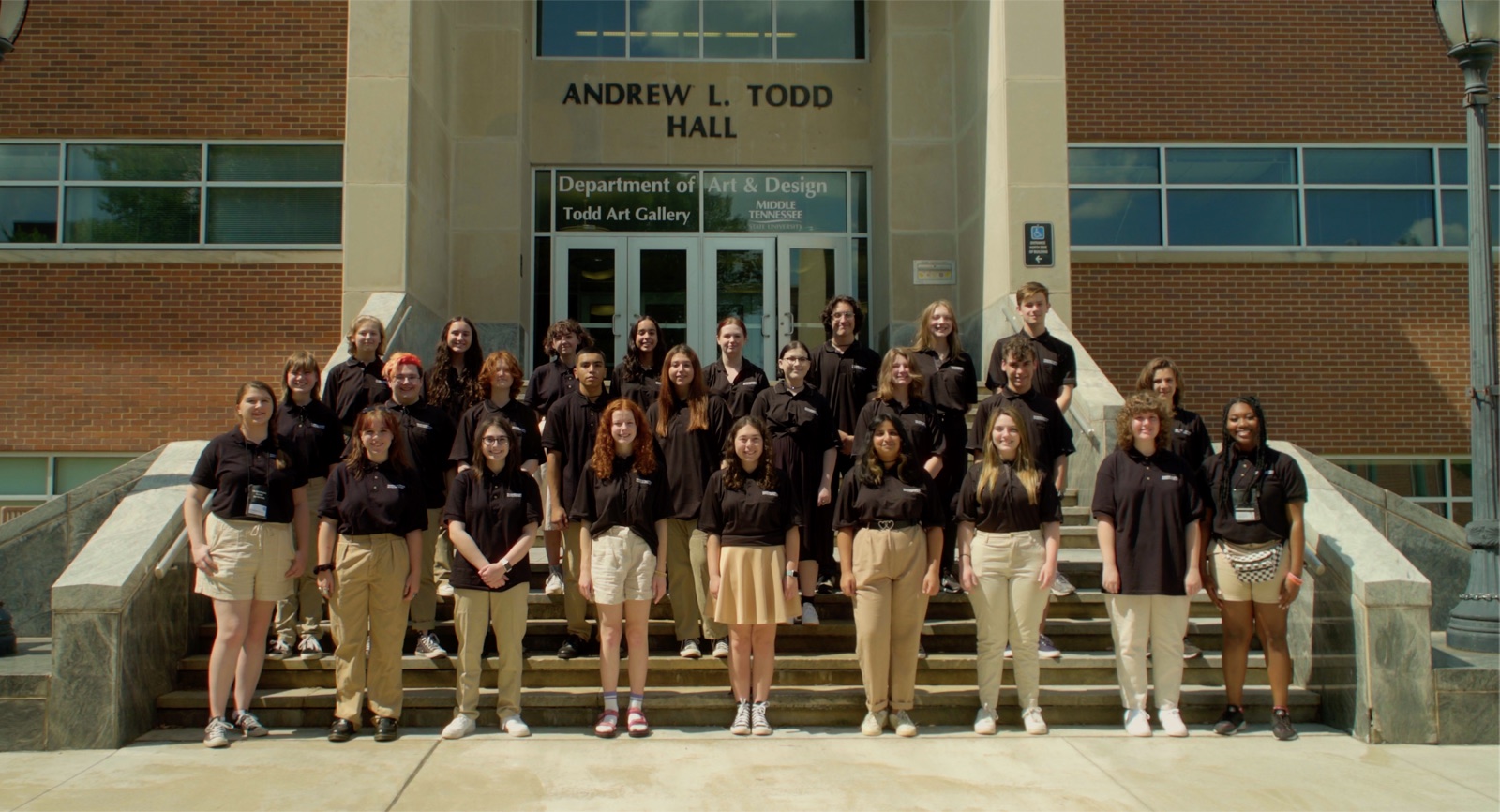 The Governor's School filmmaking class posed on the steps of Andrew L. Todd Hall at MTSU