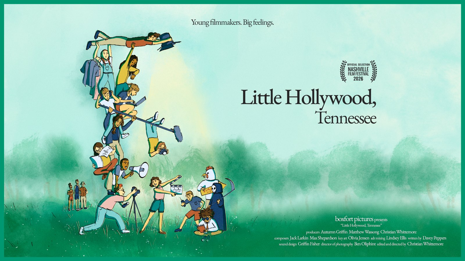 Illustrated key art: students and filmmakers stacked into a tower holding cameras, boom mics and slates, above a green landscape