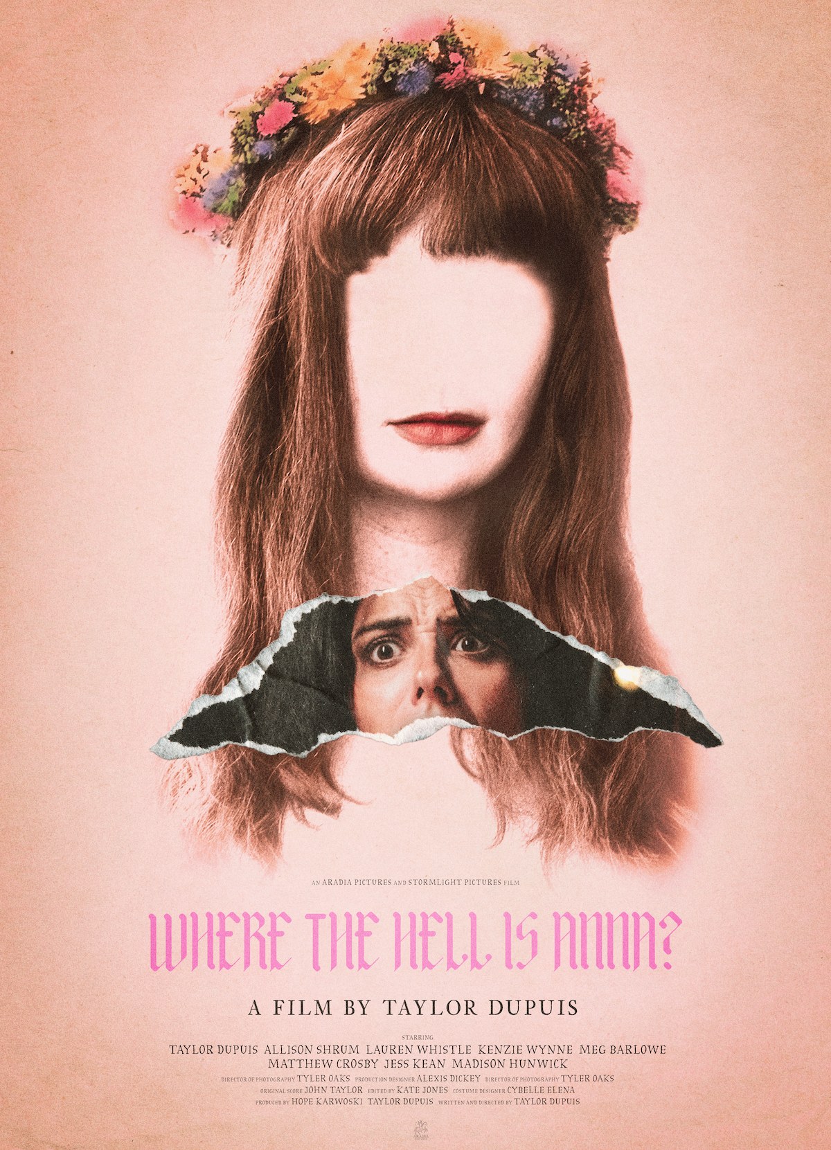 Official poster: a woman in a flower crown whose face is blank except for red lips, a torn strip below revealing Derick's frightened eyes
