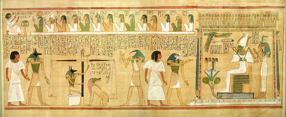 The weighing of the heart, from the Book of the Dead of Hunefer, c. 1275 BCE. British Museum. Public domain.