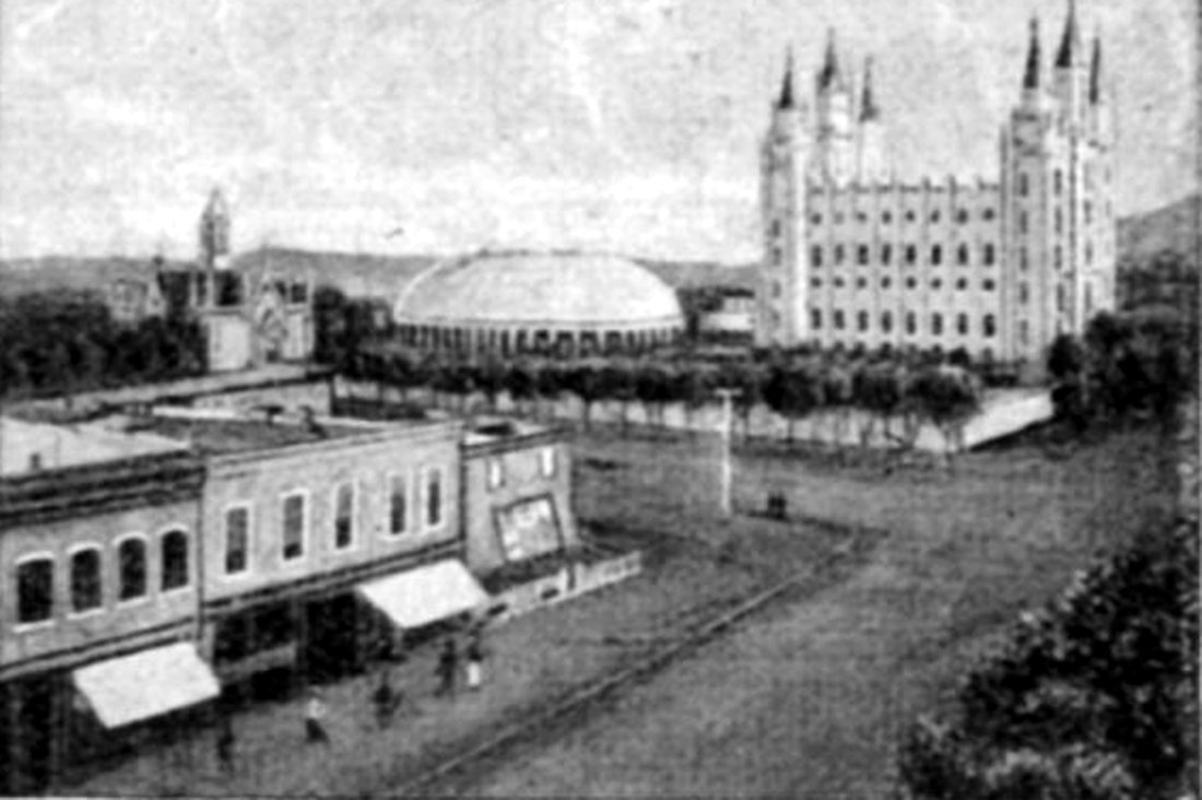 An engraving of the Salt Lake Temple
