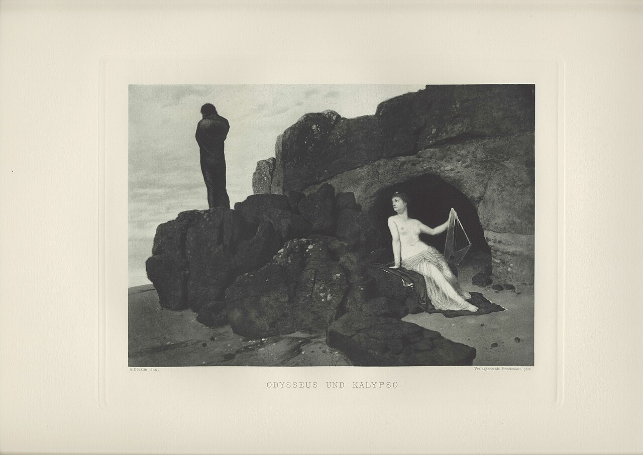 Odysseus sitting apart on Calypso's island, painting by Arnold Böcklin