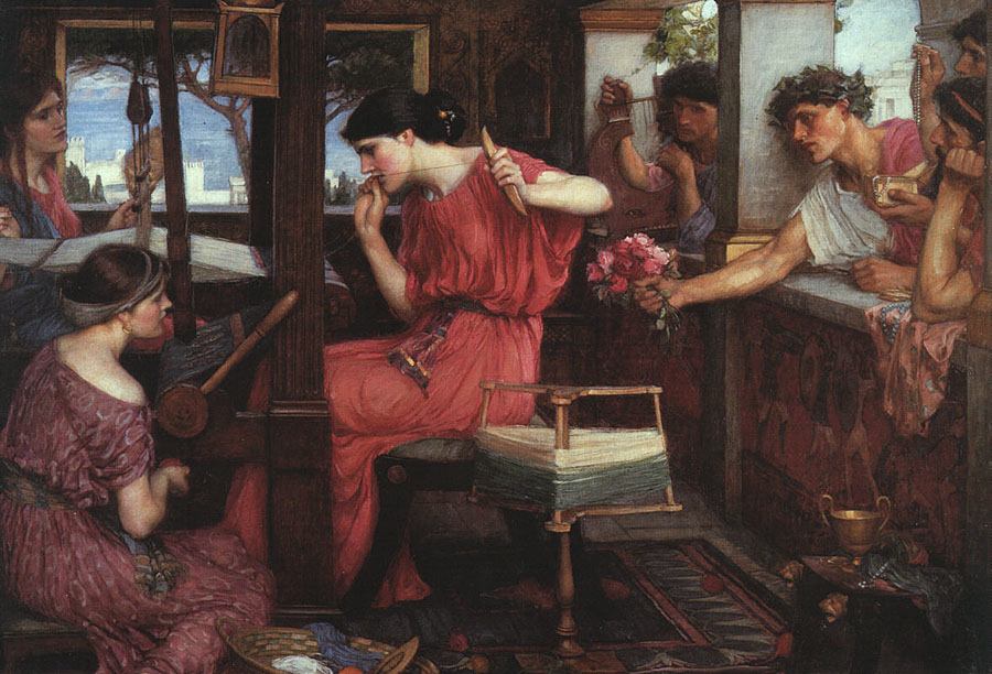 Penelope at her loom with the suitors crowding behind, painting by John William Waterhouse
