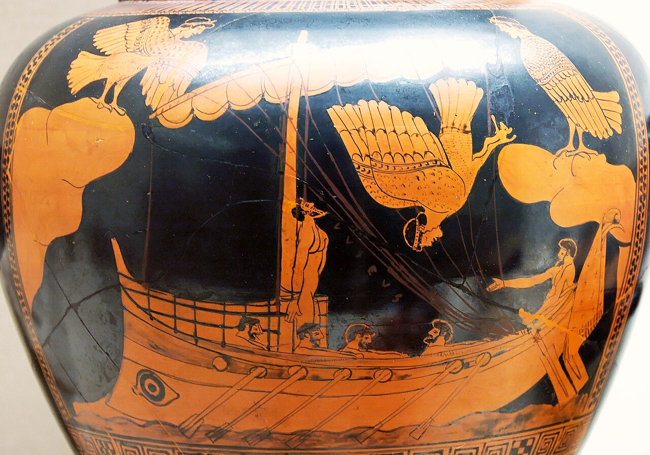 Ancient Greek red-figure vase showing Odysseus tied to the mast as the Sirens fly overhead