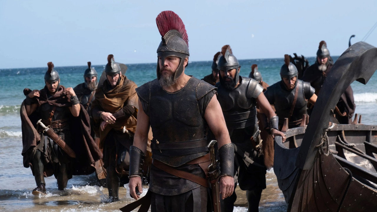 Odysseus and his crew hauling a ship ashore in Christopher Nolan's The Odyssey