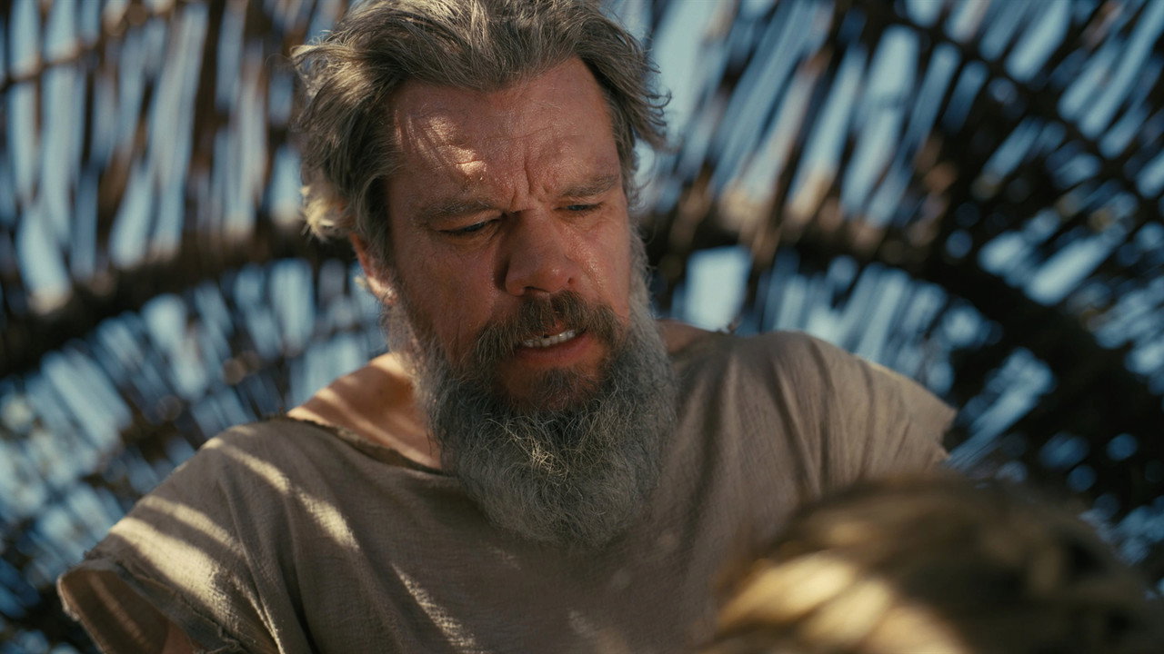 Odysseus framed by a woven shelter in Christopher Nolan's The Odyssey