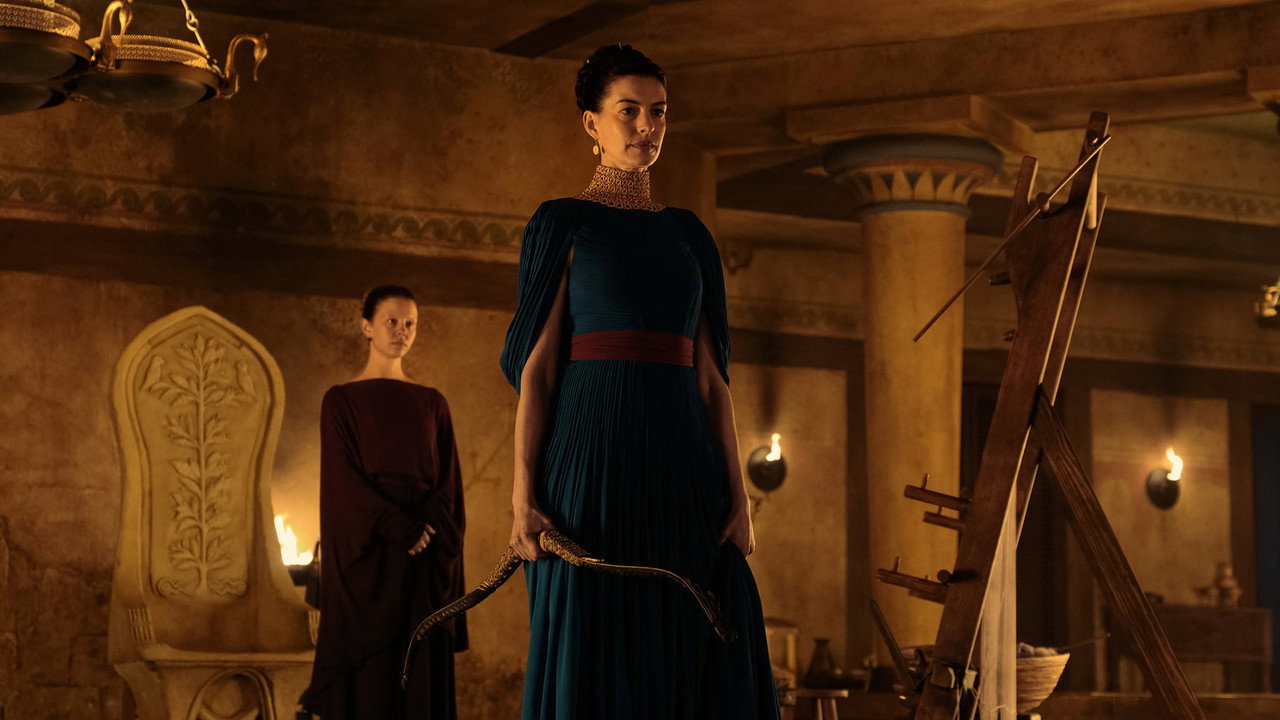 Penelope standing before the loom in Christopher Nolan's The Odyssey